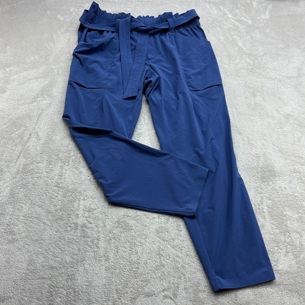 Athleta Paperbag Waist Pants Women 12 Blue Tapered Leg Stretch Travel Office Fit